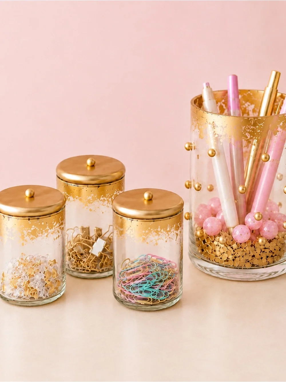 Gold and Glass Desk Accessories Set- Pen Holder and Storage Jars